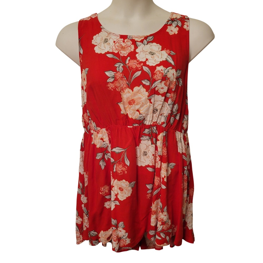 Torrid 2 Red Floral Sleeveless Button Back Empire Waist Babydoll Top 2X Coquette